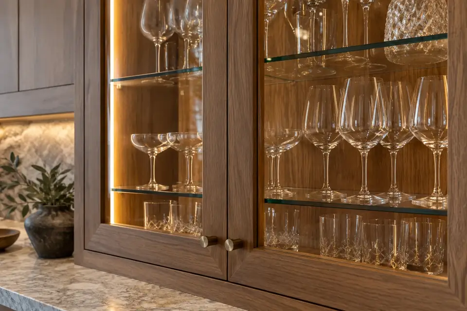 Glass-front bar cabinet with stemware lit by a warm LED strip