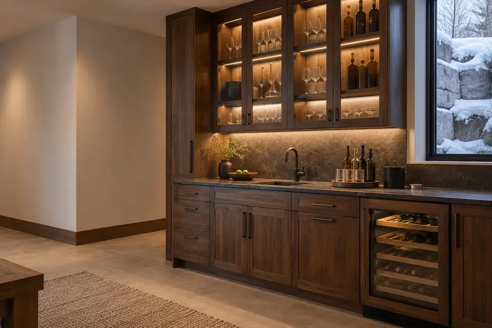Lower-level wet bar with dark walnut cabinets, lit glass-front uppers and a wine fridge