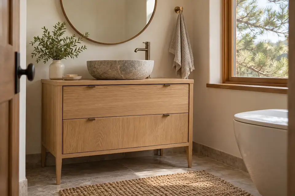 Powder room with a rift white oak furniture vanity on tapered legs and a stone vessel sink