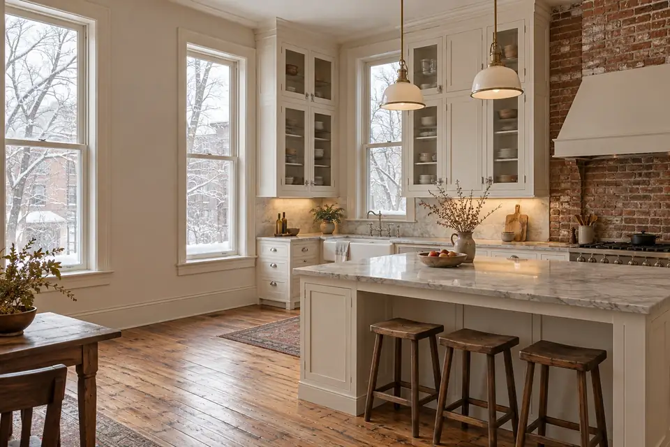 Historic Bozeman home kitchen with painted inset cabinets and period details