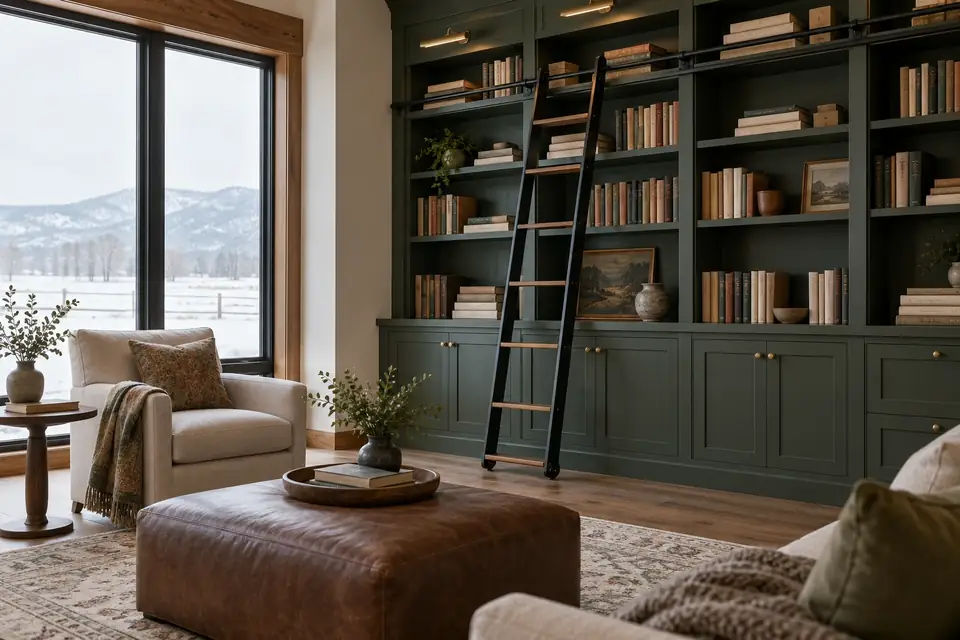 Living room with floor-to-ceiling deep green built-in bookcase and a library ladder