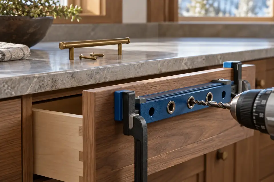 Drilling jig clamped to a walnut drawer front with a drill bit in the guide