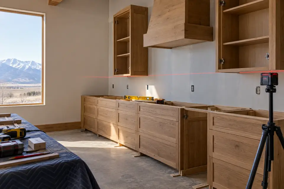 Kitchen mid-install with levelled base cabinets, a red laser line on the wall and tools on a blanket
