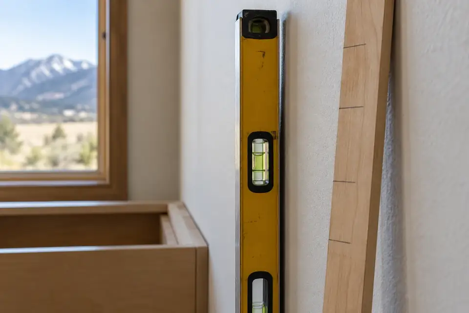 Level held against an out-of-plumb wall showing a gap, with a story pole beside it
