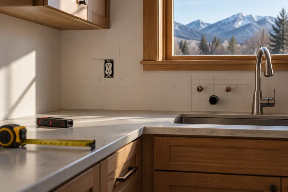 Existing kitchen corner with pencil marks around outlets and plumbing before tear-out