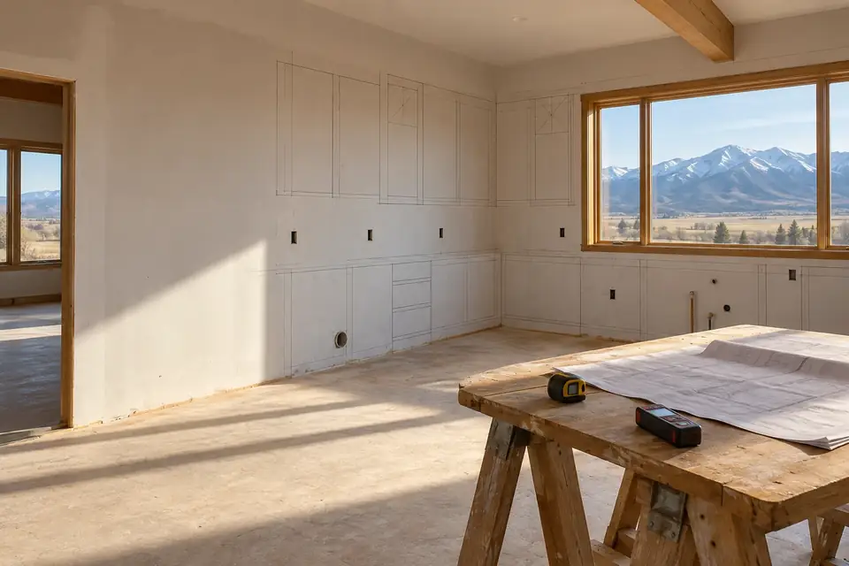 Empty kitchen space before a remodel with pencil layout lines and measuring tools on a sawhorse