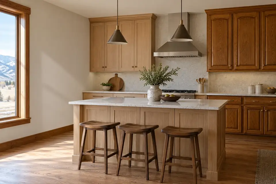 Kitchen with refaced white oak shaker cabinets beside dated 1990s raised-panel doors