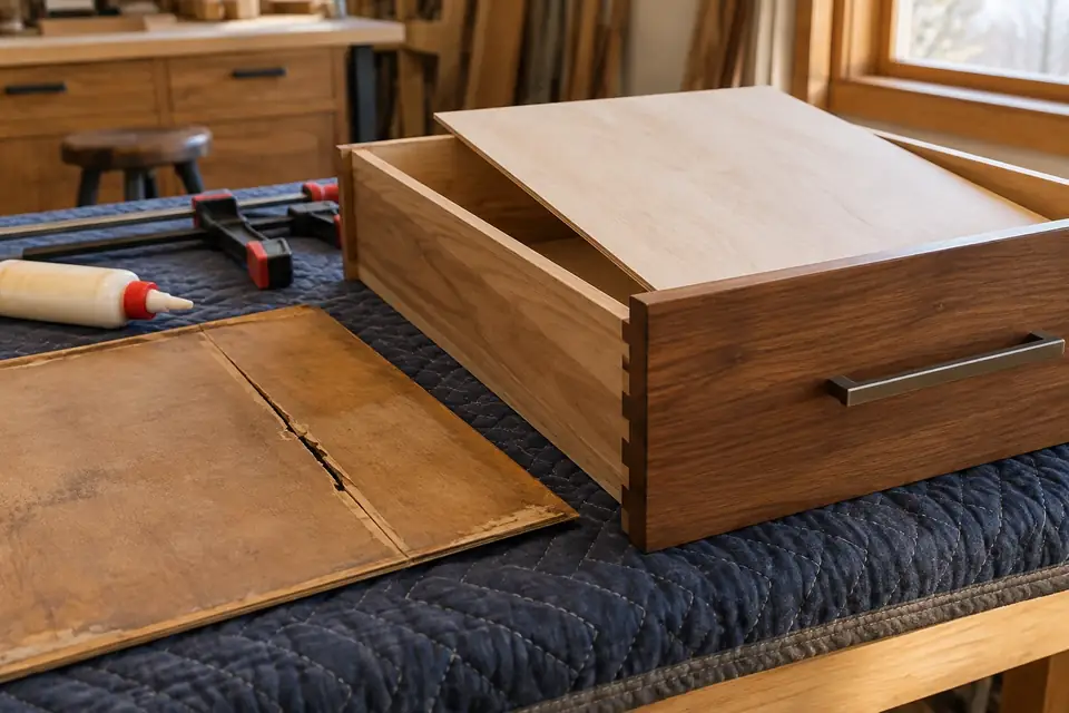 Drawer box on a bench with a new plywood bottom sliding into its groove