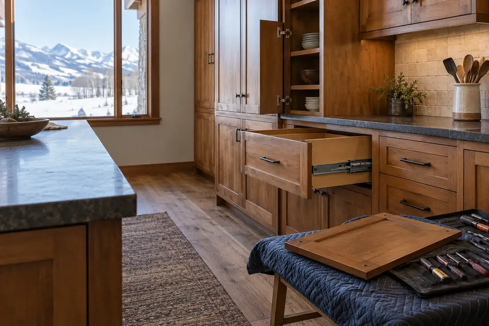 Older alder kitchen with a door removed on a padded bench and a drawer pulled out for a new runner