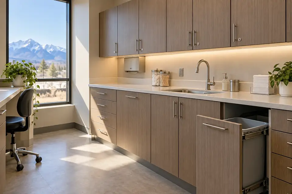 Clinic staff workroom with durable laminate casework, stainless sink and locking uppers