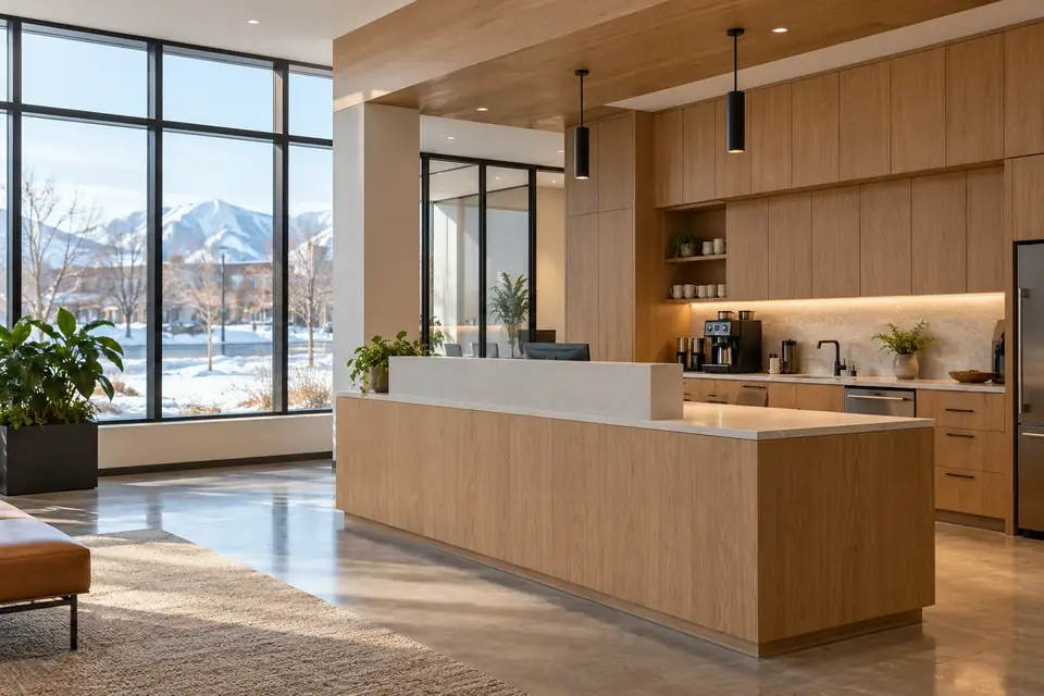 Modern Bozeman office reception with white oak veneer casework and a coffee station