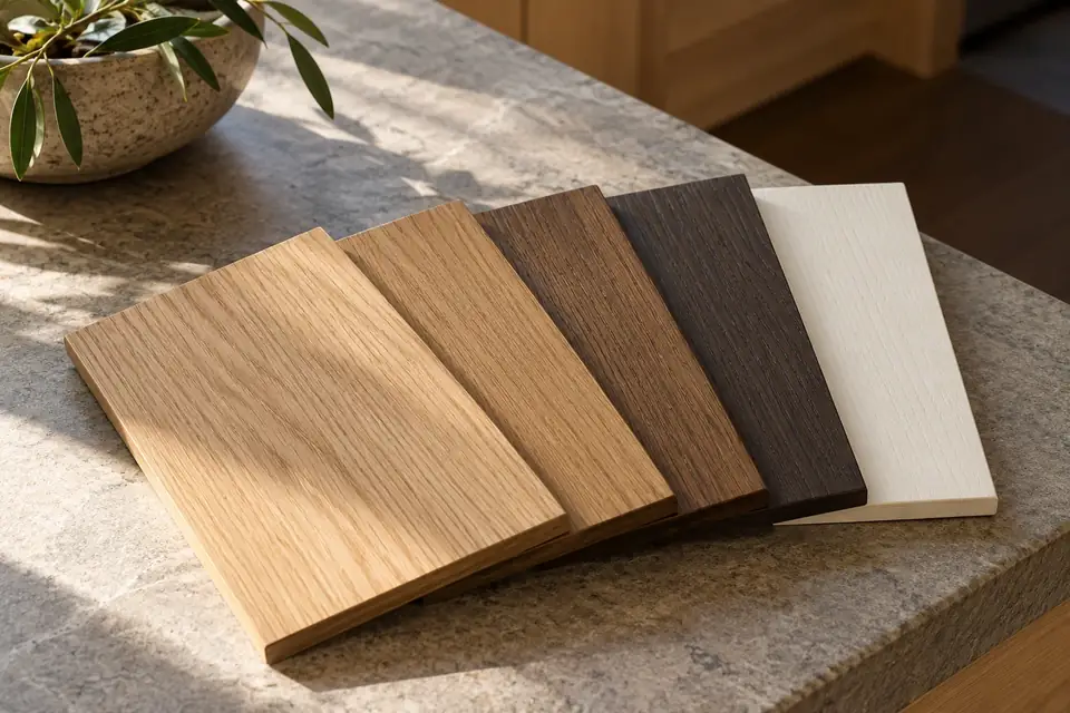 Five white oak finish samples fanned out from clear to painted