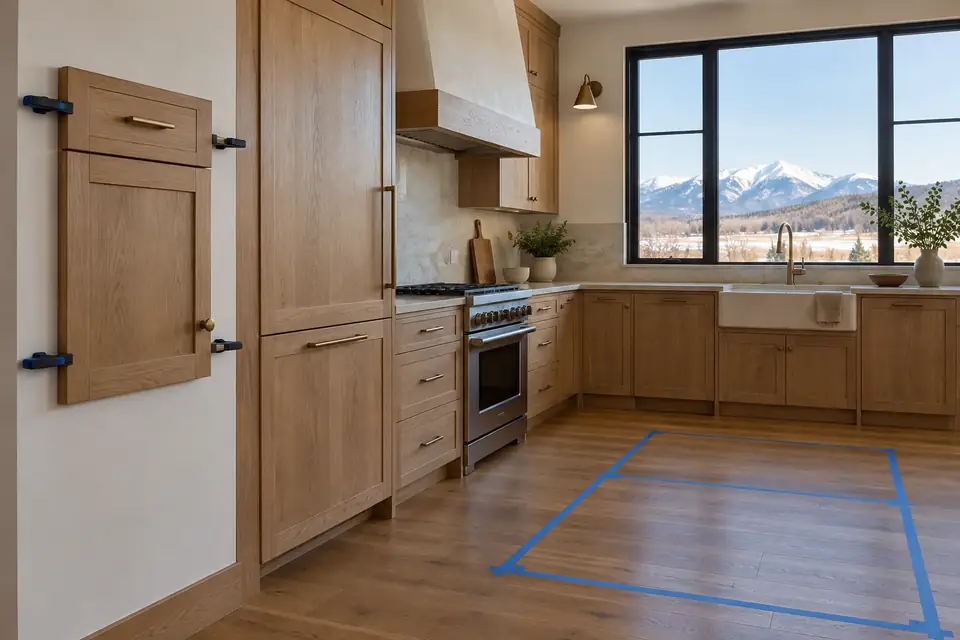 Full-size sample door clamped to a kitchen wall with painter tape outlining a planned island