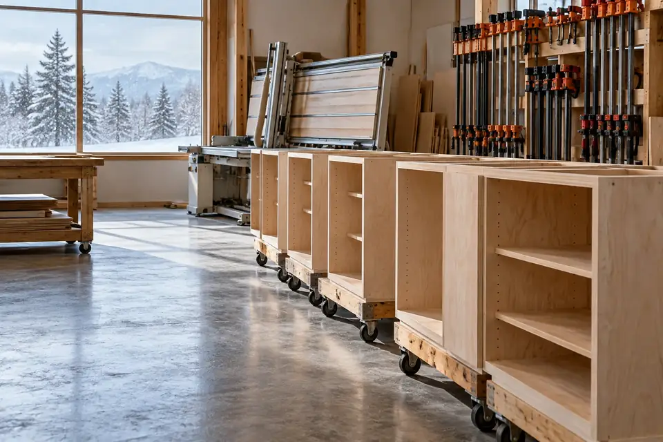 Cabinet shop with rows of plywood cabinet boxes on rolling carts and snow falling outside