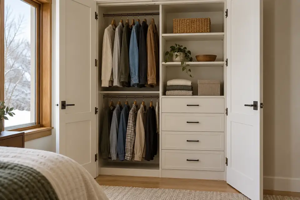 Reach-in bedroom closet rebuilt with double hanging and a bank of drawers