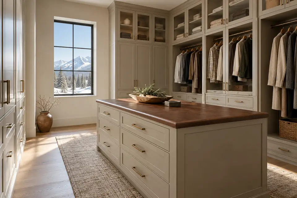 Walk-in closet with greige floor-to-ceiling cabinetry, glass uppers and a central island