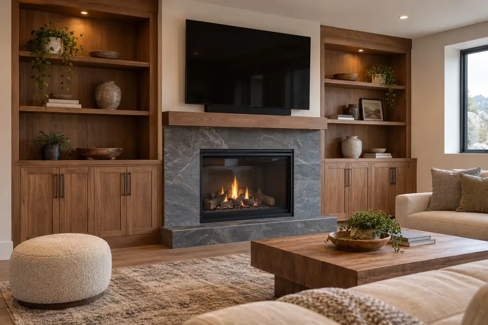 Basement family room with built-in media cabinets flanking a gas fireplace