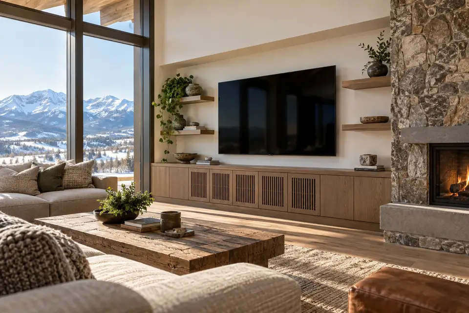 Great room with a low fumed white oak media wall, floating shelves and a stone fireplace