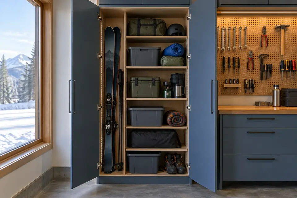 Tall garage cabinet open with shelves of camping gear and skis beside a pegboard tool wall