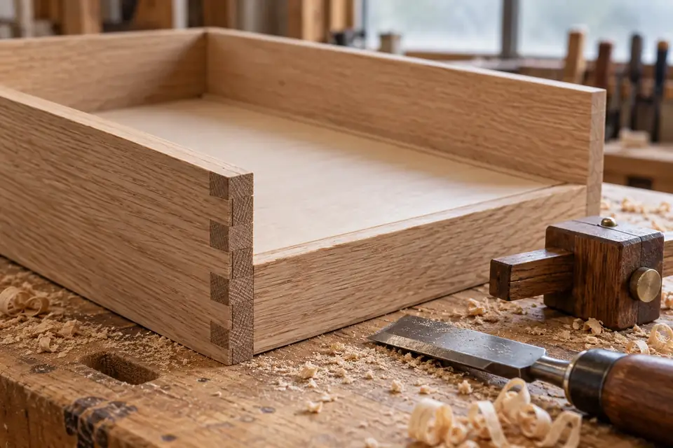 Cabinet maker fitting a dovetailed drawer box at a workbench in a bright shop