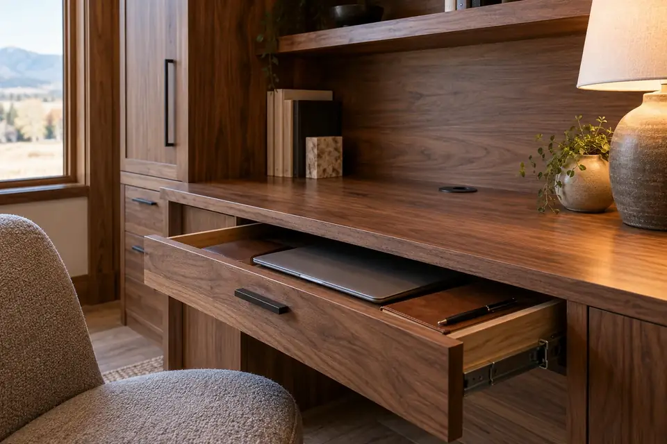 Walnut built-in desk with a cable grommet and a pull-out keyboard drawer