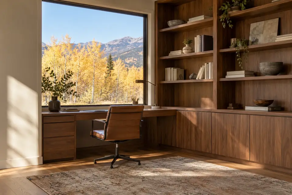 Home office with walnut built-in desk and bookcases and a window of autumn aspens