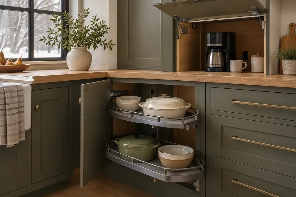 Blind corner swing-out shelving and an appliance garage in a painted kitchen
