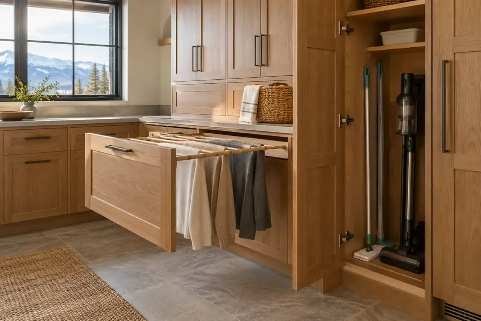 Laundry cabinet with pull-out drying rack of sweaters and tall broom cabinet