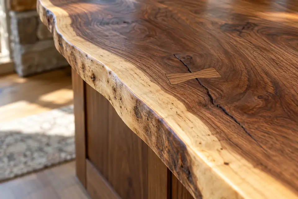 Natural edge of a walnut slab with a sapwood band and a butterfly key across a check