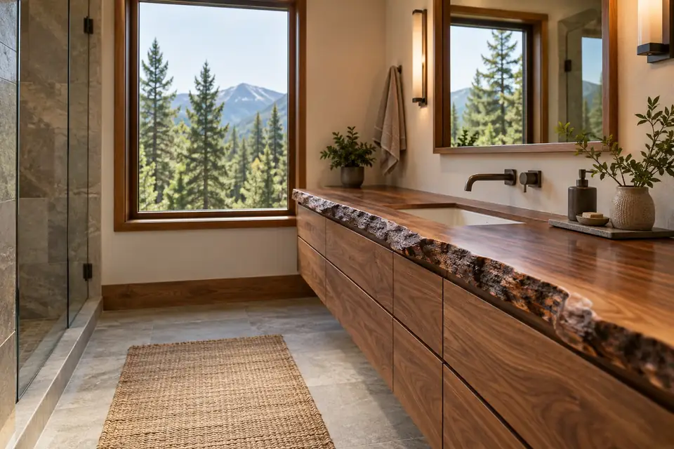 Bathroom floating vanity with a live-edge walnut countertop and undermount sink