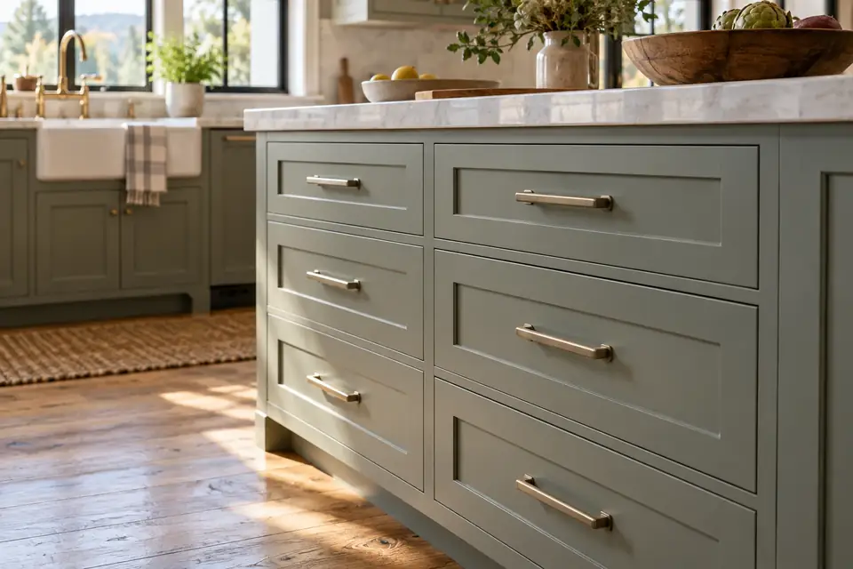Bank of painted grey-green shaker drawers with brushed pulls in morning light