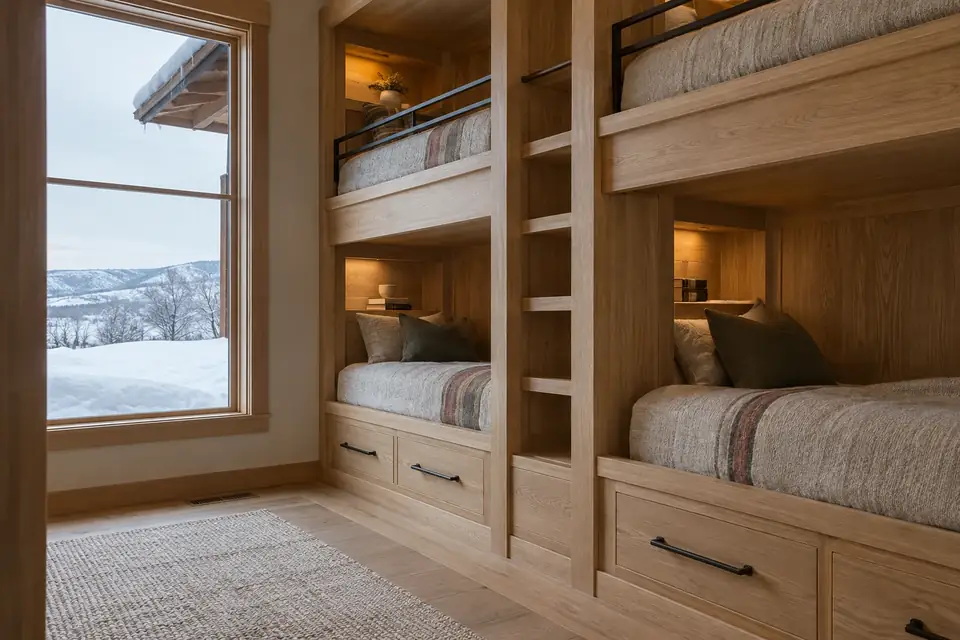 White oak bunk room built-in with drawers under bunks beside a snowy window