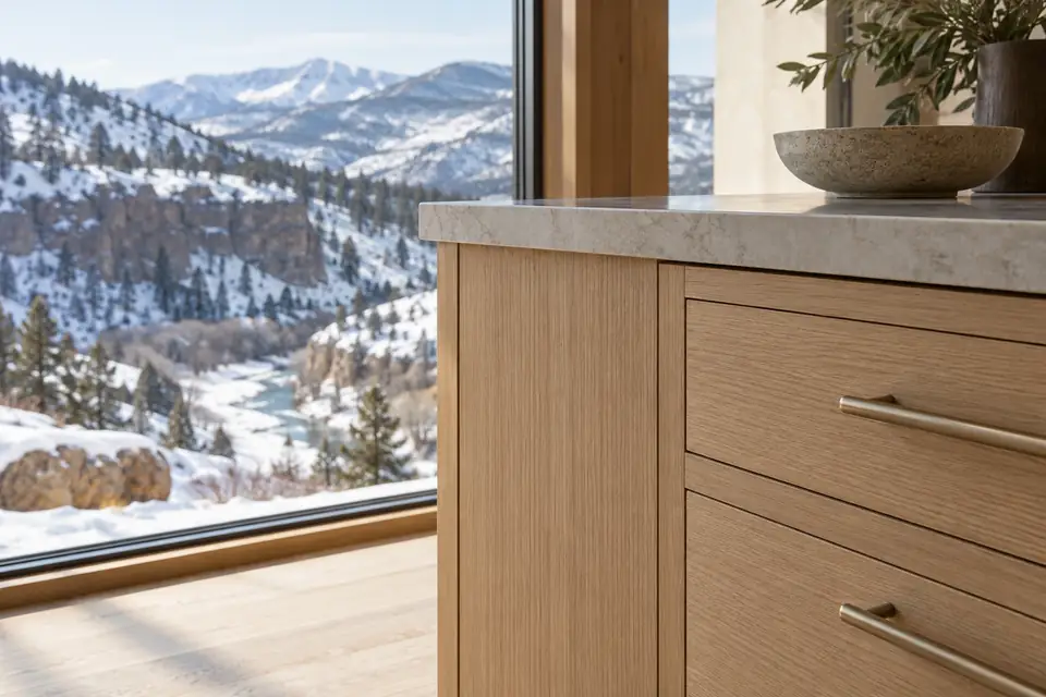 Rift white oak cabinet end panel beside a window with a blurred snowy canyon
