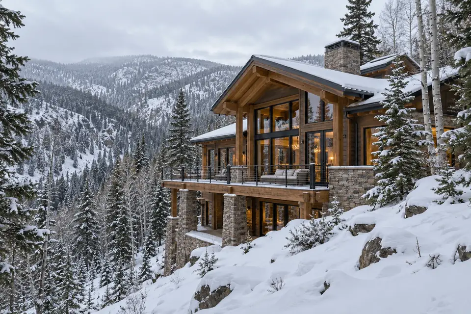 Mountain home among Douglas fir and aspen on a steep snowy canyon slope