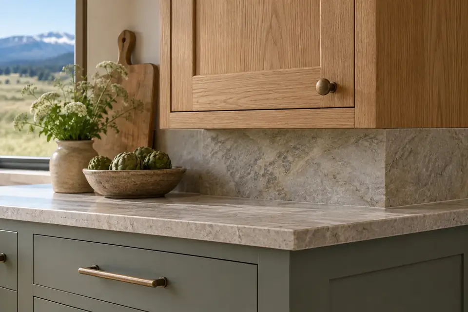Painted base cabinet meeting a natural wood upper in summer light