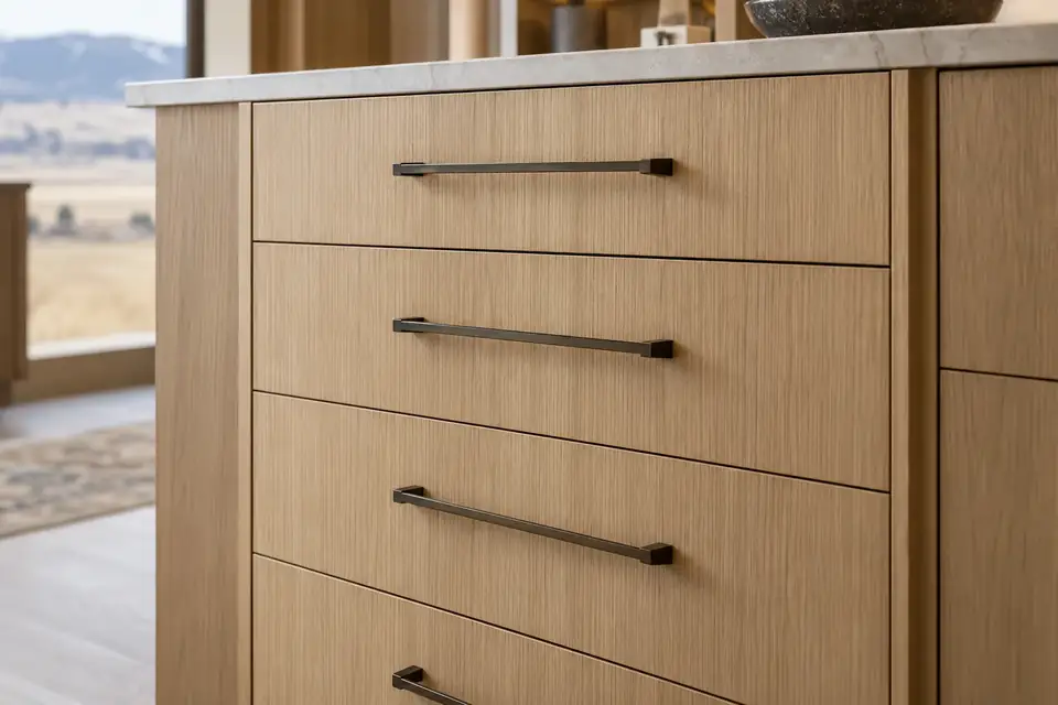 Rift white oak slab drawer fronts in a column with continuous grain