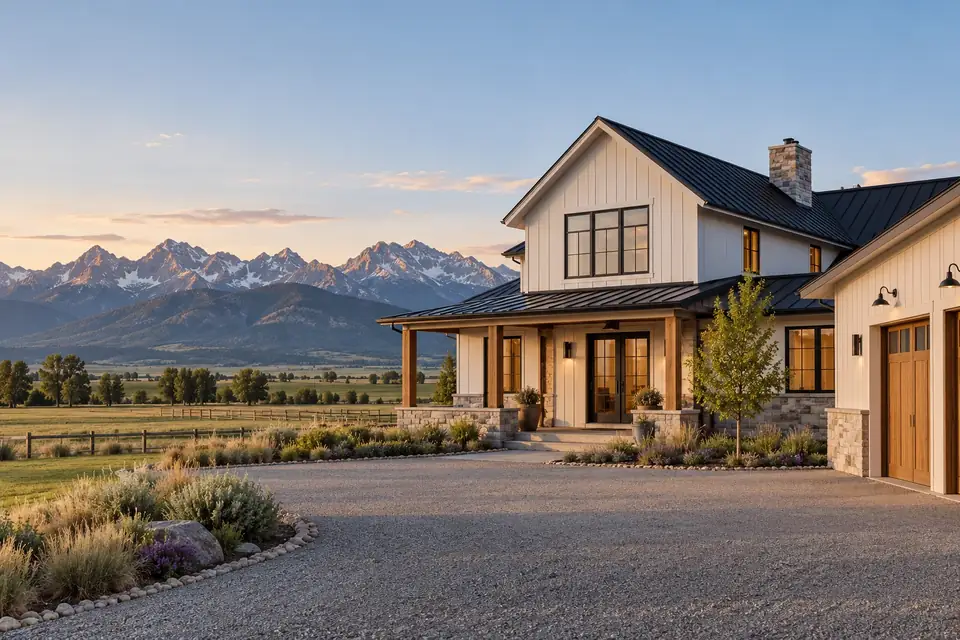 New modern farmhouse on open land with high rugged peaks to the south at evening