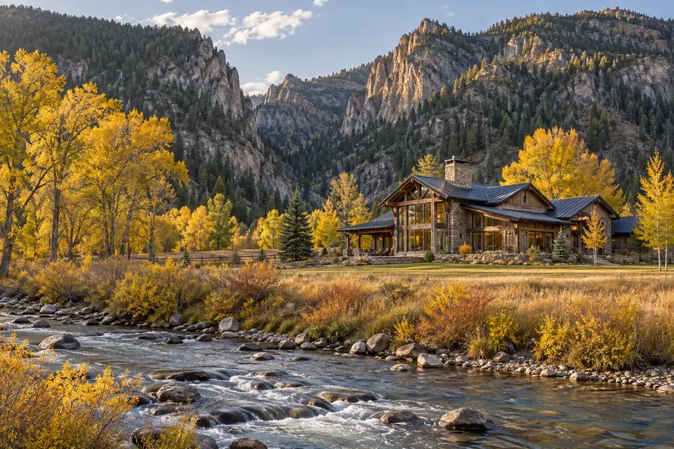 Country home on acreage near a forested canyon mouth with cottonwoods along a river