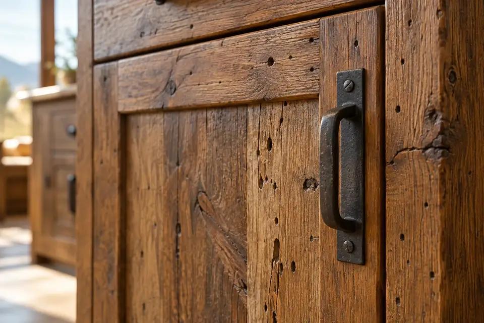 Reclaimed wood cabinet door with an iron pull and old nail holes under a clear finish