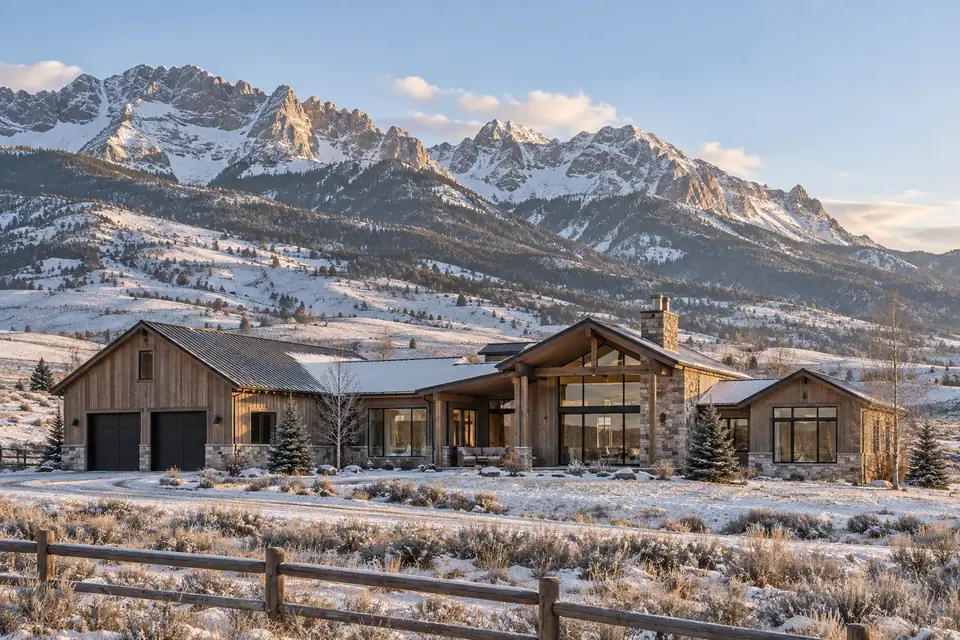 Acreage home on rolling foothill pasture beneath the steep west face of the Bridger Range with light snow