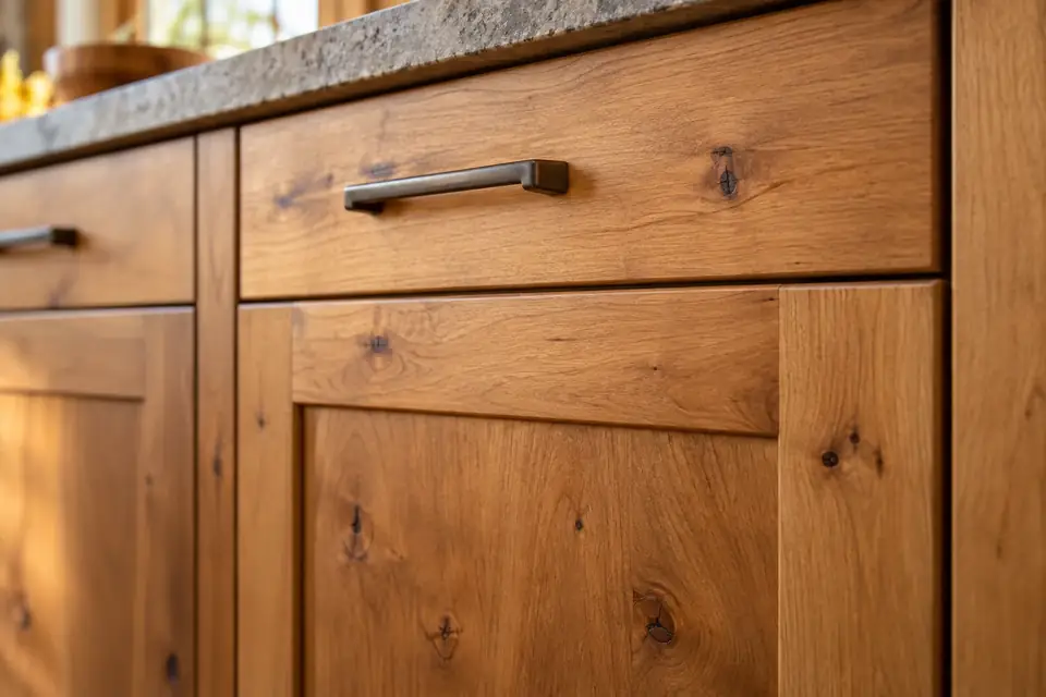 Knotty alder cabinet door with tight knots under a clear satin finish