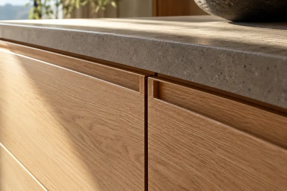 Tight even reveals between flat slab doors with a routed finger-pull edge