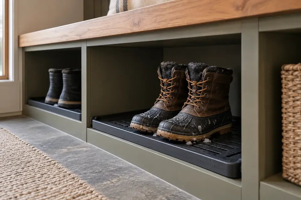 Ventilated boot cubby under a mudroom bench with a removable tray and melting snow