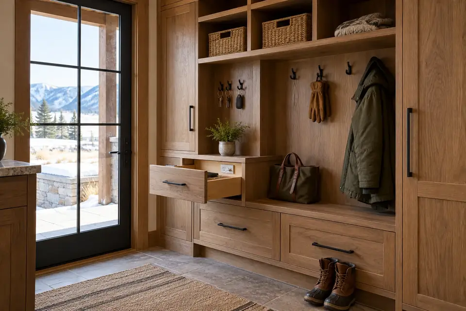 Mudroom drop-zone wall with cubbies, key hooks and an open locker with a parka