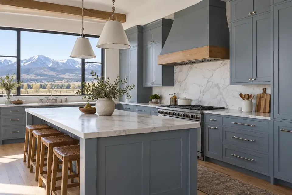 Kitchen with smooth muted blue-grey painted cabinets, nickel hardware and marble backsplash