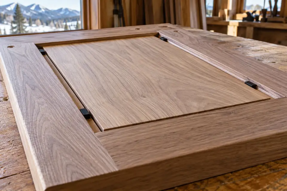 Back of a cabinet door showing a centre panel floating in its groove with small spacers