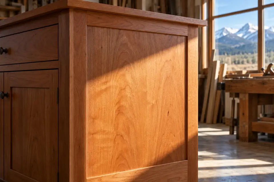 Strong mountain sunlight falling across wood cabinets through a large window