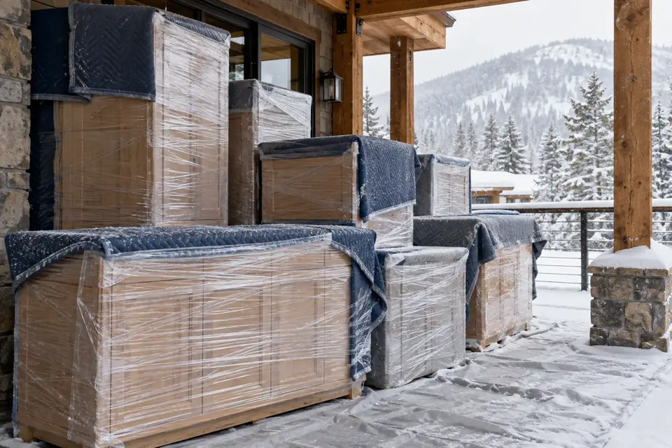 Wrapped cabinets carried into a snowy Montana home on delivery day