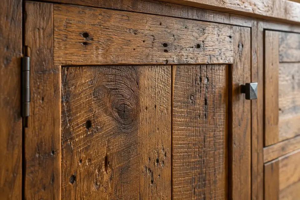 Reclaimed wood door panel with nail holes, saw marks and weathering under clear finish