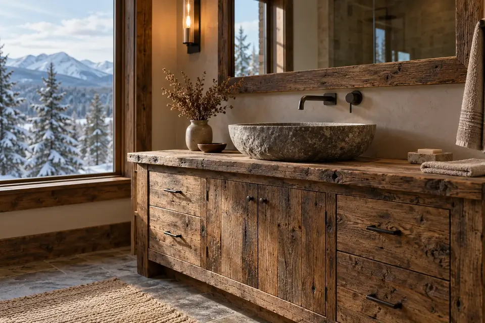 Reclaimed wood bathroom vanity with a stone vessel sink and snowy pines outside
